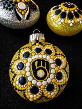 Milwaukee Brewers Hand-Painted Shatterproof Ornament 3” Dot Mandala